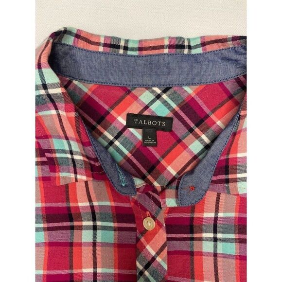 TALBOTS Button Down Pink Aqua Plaid Long Sleeve Cotton Top Large - Picture 6 of 9